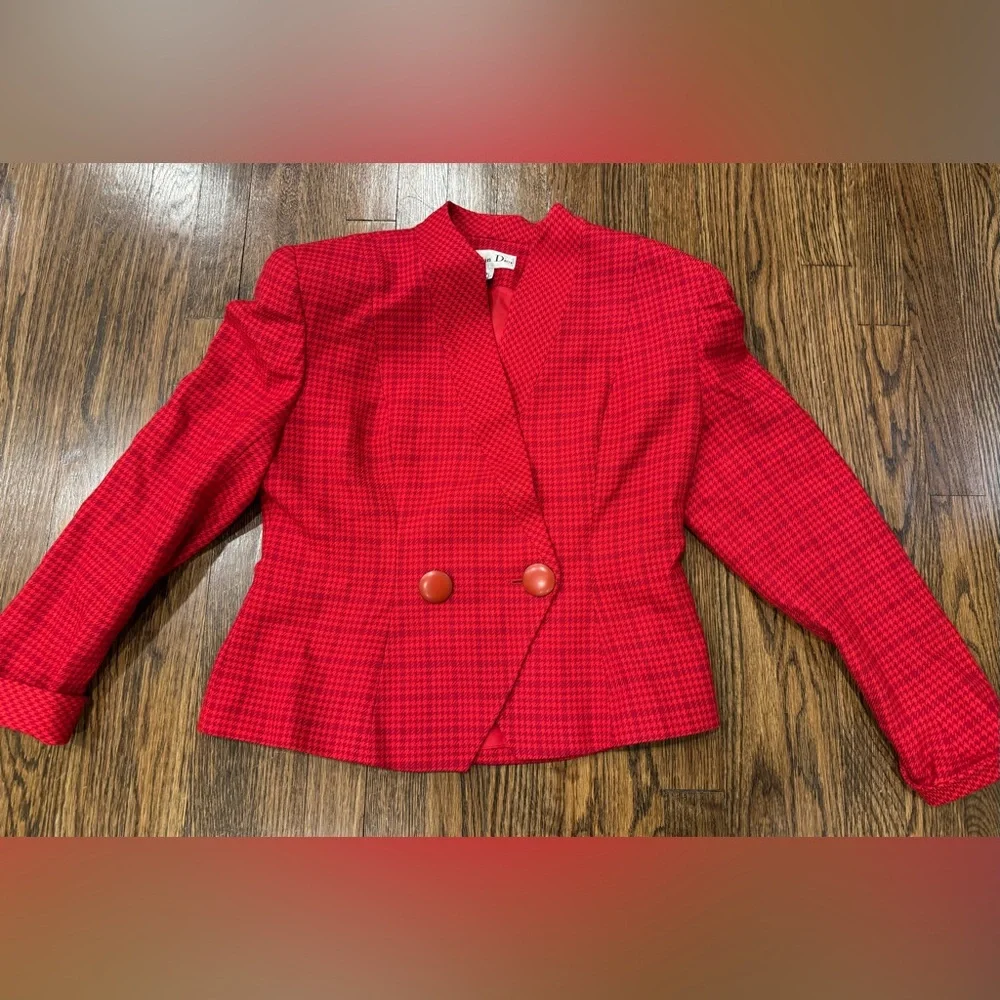 Christian Dior Vintage Houndstooth Red Plaid Pure Wool Blazer Top Size 12P